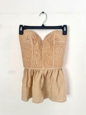 NWT Parker Strapless Lace Bustier Peplum Top in Nude
